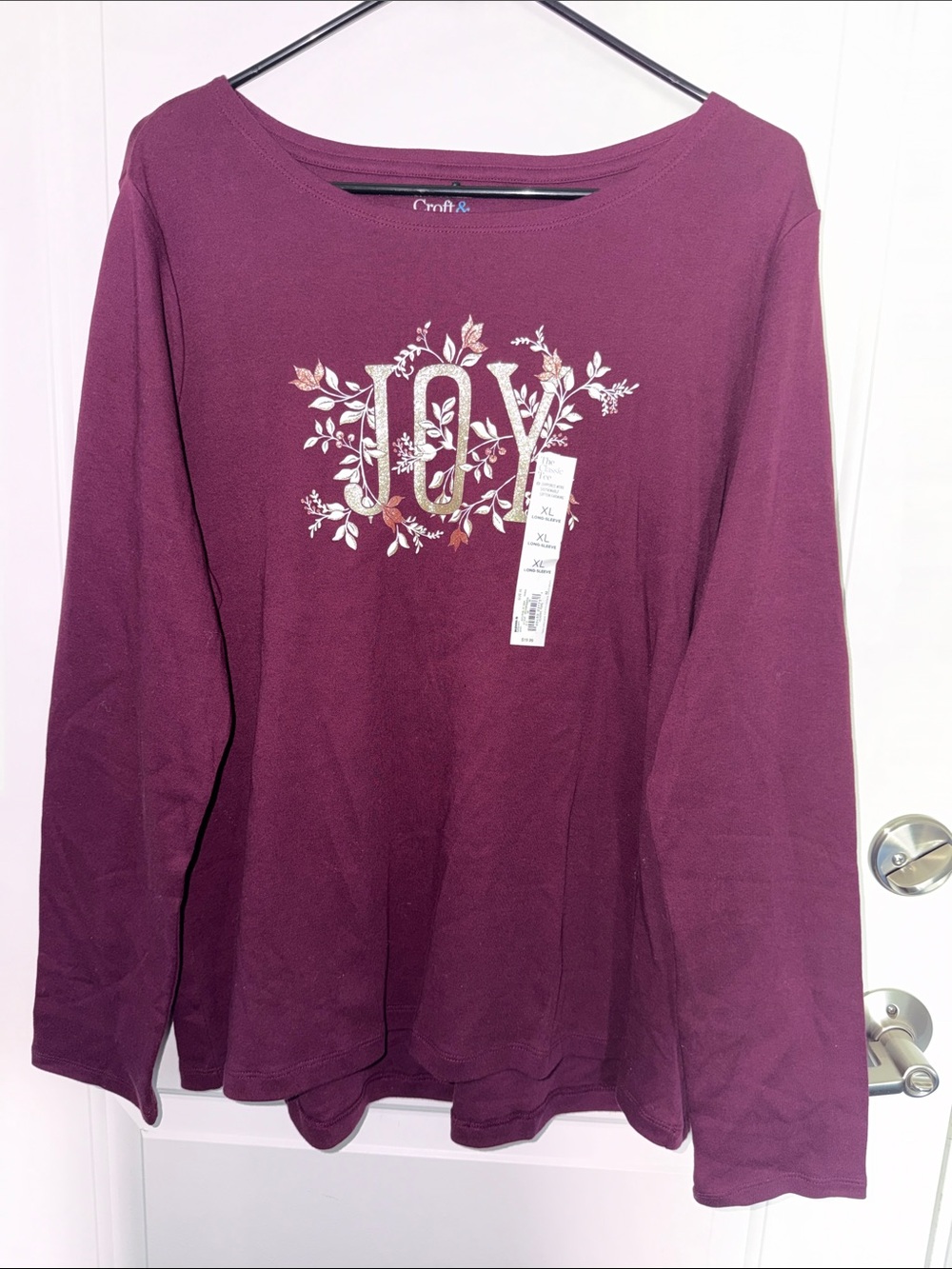 Croft & Barrow Plum Long-Sleeve Tee with Floral JOY Graphic